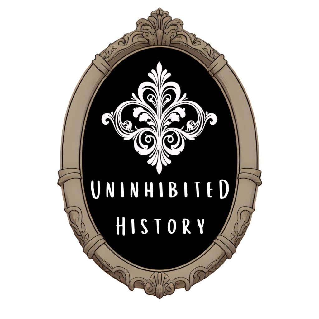 The Uninhibited History Logo which features an ornate Victorian oval picture frame. In side the frame on a black background there is a damask pattern and the text: "Uninhibited History."